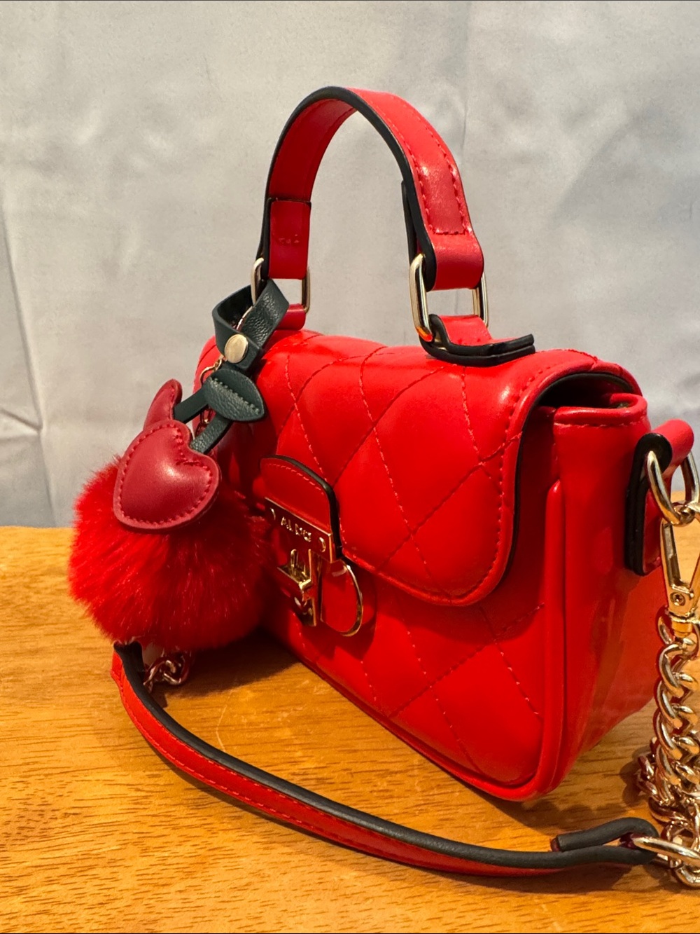 Aldo Red Quilted Mini Crossbody Top-Handle Bag with Pom and Cherry 🍒 Heart Charm - Picture 4 of 6